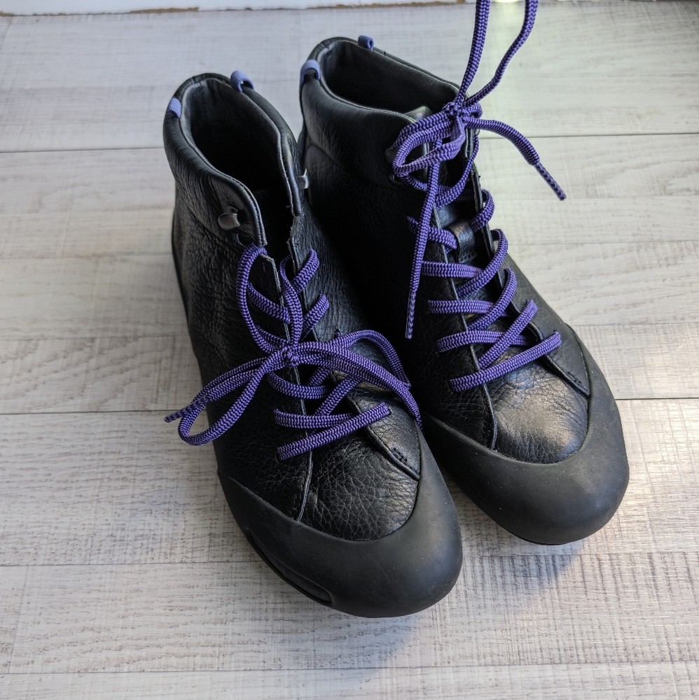 Camper Black Leather Ankle Boots with Purple Laces